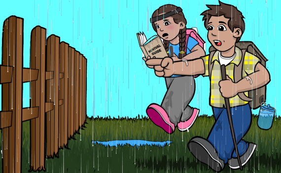 Two kids walking in the rain, one reading a book and one pointing at a fence.