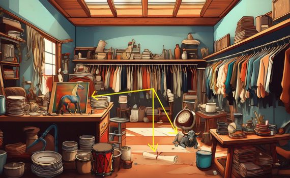 second-hand store with arrows pointing at three objects