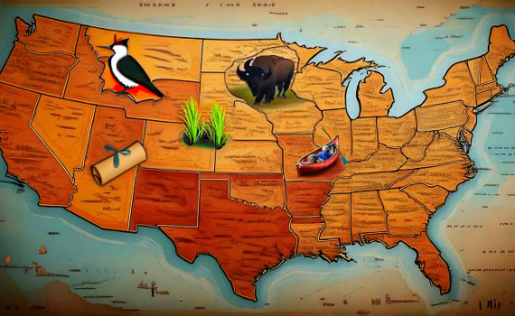 Map of US with bird, buffalo, plant, boat and map icons superimposed