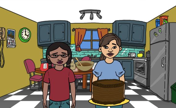 Two kids in kitchen with chocolate cake in front of them