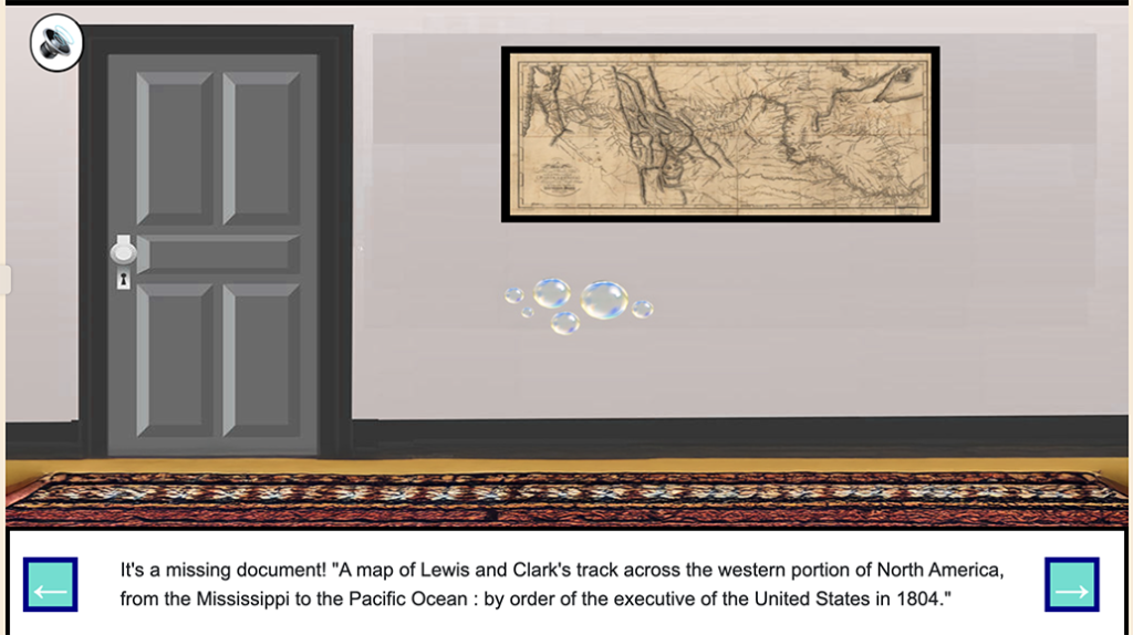 Hotel room hallway with framed map on the wall. Text in caption says, It's a missing document " A map of Lewis and Clark's track across the western portion of North America from the Mississippi to the Pacific Ocean by order of the executive of the United States in 1804"