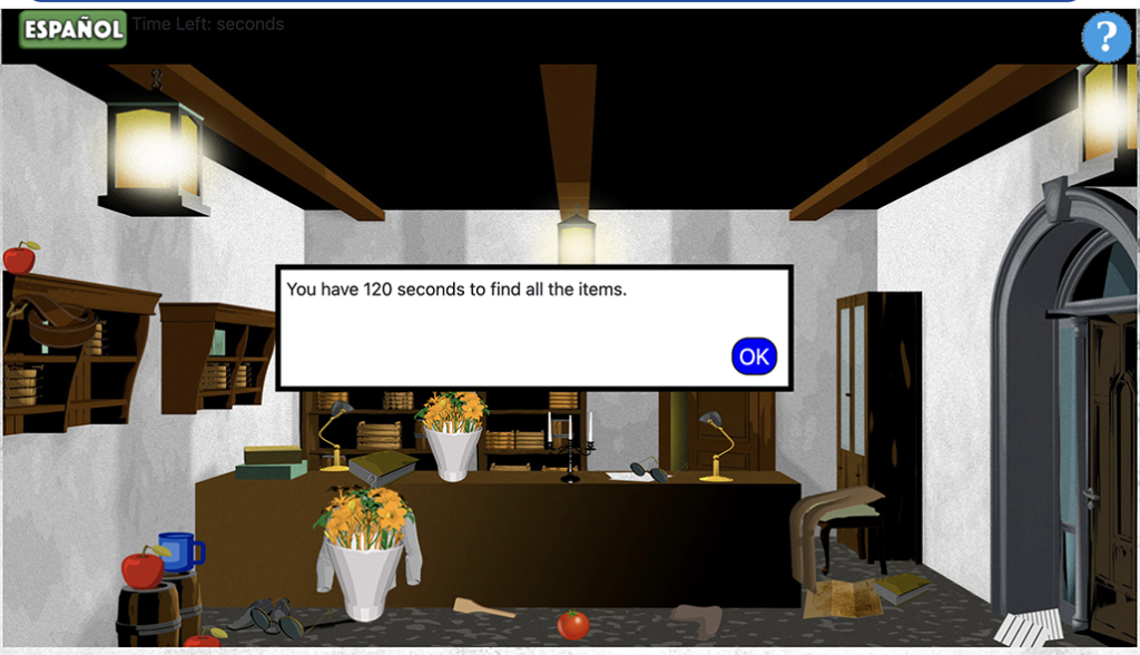 Old-fashioned shop with books, food, papers and clothes scattered around. Dialog box says, "You have 120 seconds to find all the items."