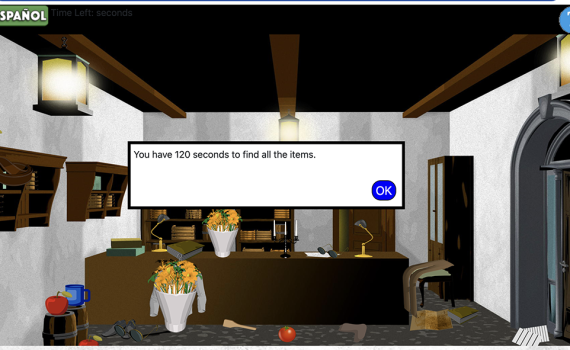 Old-fashioned shop with books, food, papers and clothes scattered around. Dialog box says, "You have 120 seconds to find all the items."
